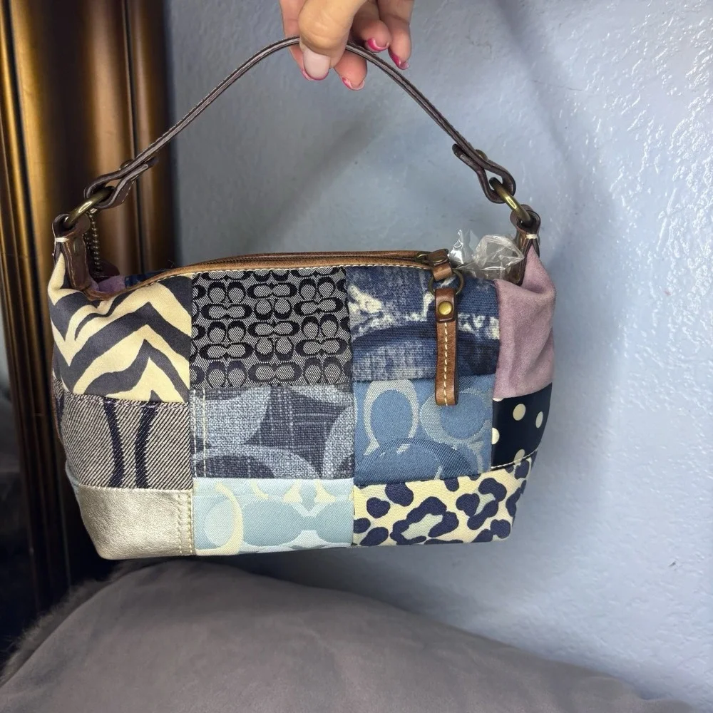 Vtg Coach Patchwork Denim Blue Brown Multicolor Shoulder Bag Leather Handle